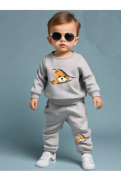 bebekpare Boy's Bottom Top Set Teddy Bear Gray (Non-Shardon Fabric) 100% Cotton
