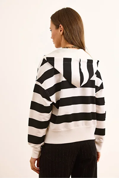 Olalook Women's White Hooded Thick Striped Zippered Crop Sweatshirt Swt-19000722