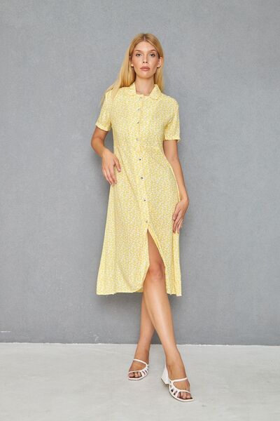 LOOKMEG Women's Yellow Floral Button Short Sleeve Stylish Dress