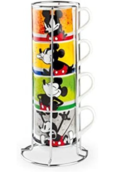 EGAN 4-Piece Stackable Coffee Cup Set Mickey I Am + Metal Rack ML. 80, PWM02I/4AM, Multi-Coloured