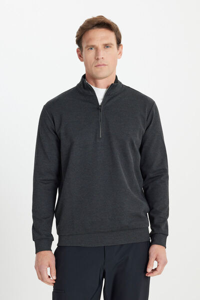 ALTINYILDIZ CLASSICS Men's Anthracite-Melange Warm Regular Fit Comfortable Cut Bato Stand Collar Flexible Sweatshirt