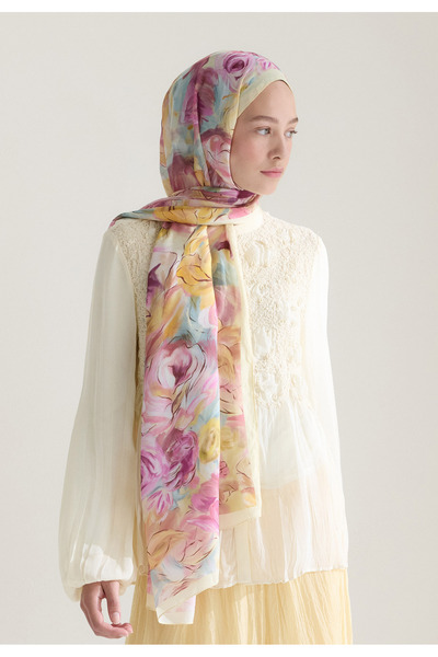 Fresh Rose Garden Flush Viscose Shawl Pastel Yellow
