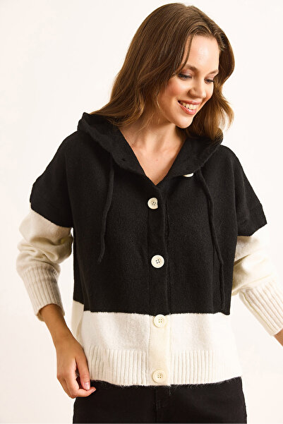 Olalook Women's Black Hooded Button Color Block Knitwear Cardigan Hrk-19000365