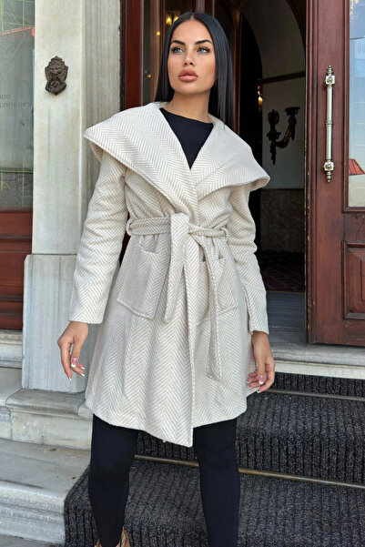 STİLVİA Ecru Herringbone Patterned, Double Breasted Collar, Hooded, Belted Lo...