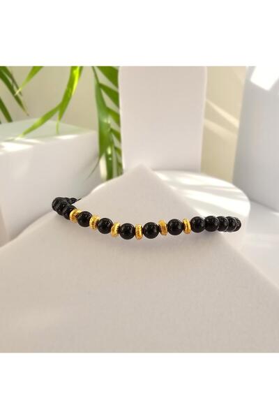 Abundo Adjustable bracelet "Onix Gold Disc" with onyx and 925 silver plated with 14k gold