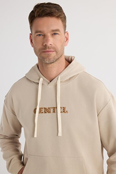 Tudors Ανδρικό φούτερ με κουκούλα μεγάλου μεγέθους, βαμβακερό εμπριμέ μπεζ