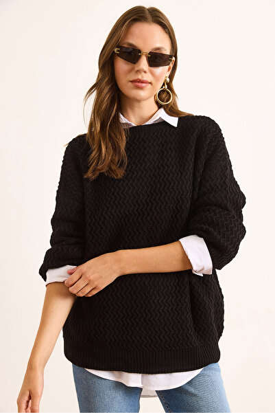 Olalook Women's Black Zigzag Knit Oversize Sweater Kzk-19000970