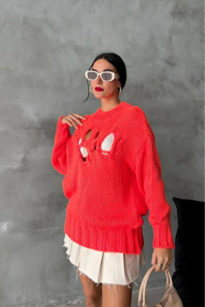 STİLVİA Women's Fuchsia Oversize Acrylic Knitwear Half Fisherman Sweater
