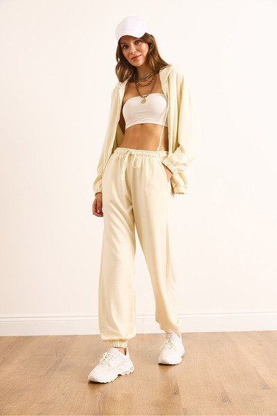 Olalook Women's Ecru Zippered Modal Bottom Top Set Tkm-19000425