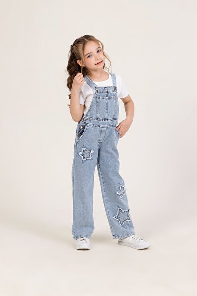 Shopmins Dmb Girl's Star Detailed Pocket Buttoned Jean Denim Overalls