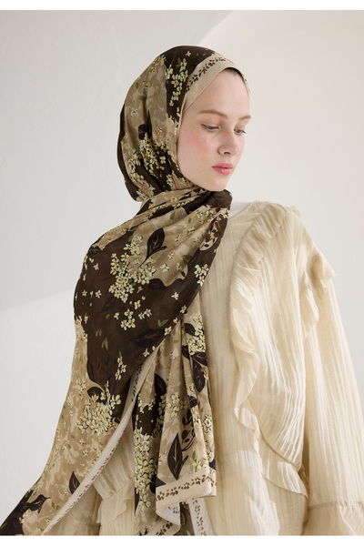 Fresh Tiny Plumeria Flower Viscose Shal Beige