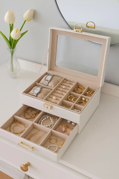 Evistro Dışı Deri İçi Kadife Kilitli Çekmeceli Takı Bijuteri Mücevher Kutusu ...