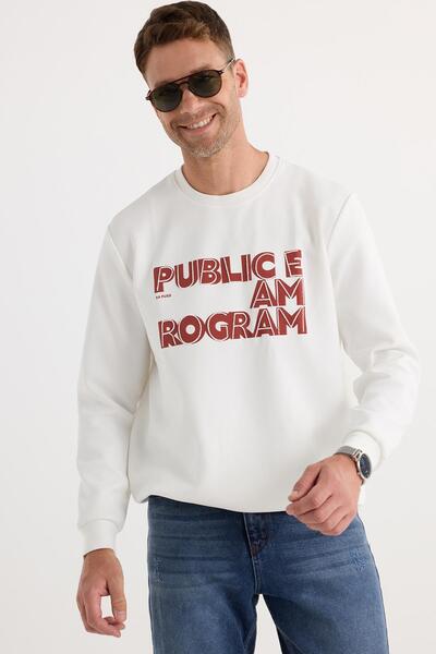 Tudors Unisex Oversize Φαρδιά Βαμβακερή Μαλακή Υφή Εμπριμέ Λευκό Φούτερ με Fleece Εσωτερικά