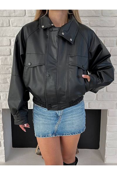 VESS MODA Women's Leather Jacket with Snap Fasteners and Drawstring Detail