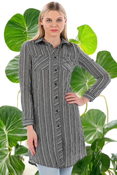 STİLVİA Women's Black Long Sleeve Double Pocket Striped Shirt Dress - Suitabl...
