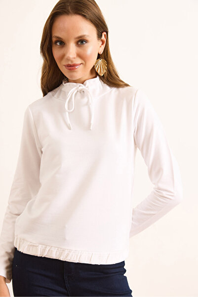 Olalook Kadın Beyaz Boğazlı Bağcık Detaylı Yumuşak Dokulu 2 İp Sweatshirt SWT-19000720