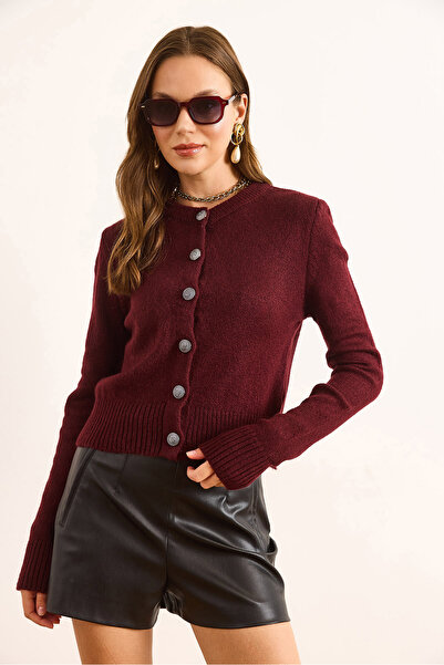 Olalook Women's Burgundy Metal Button Detailed Crew Neck Cardigan Hrk-19000370