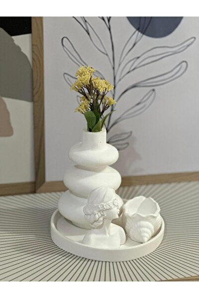 BGV HOME 4'lü Modern Beyaz Dekor Seti – Vazo, Büst Biblo, Deniz Kabuğu ve Tepsi Takımı