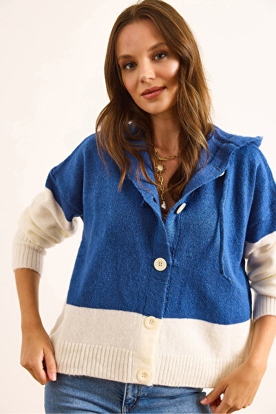 Olalook Women's Blue Hooded Button Color Block Knitwear Cardigan Hrk-19000365