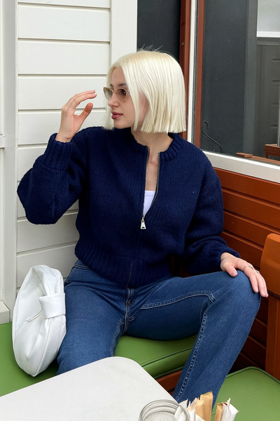 NATUFIAN STORE Women's Navy Blue Basic Zippered Knitwear Cardigan