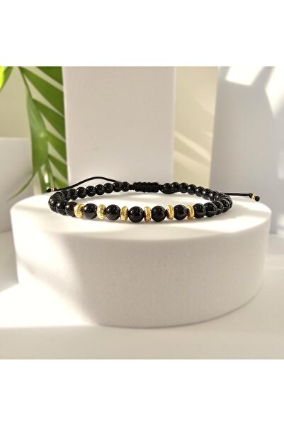 Abundo Bratara reglabila "Onix Gold Disc" cu onix si argint 925 placat cu aur de 14k