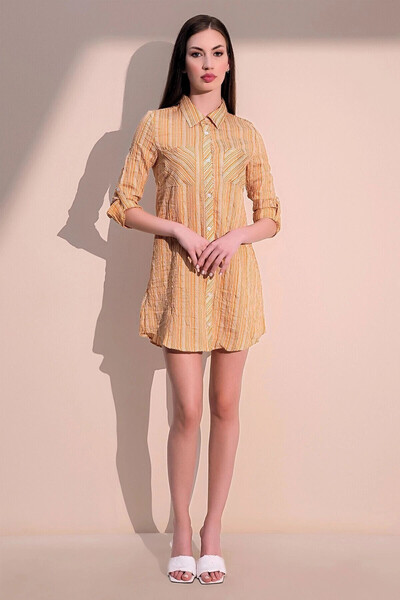 STİLVİA Women's Mustard Double Pocket Striped Shirt Dress - Long Sleeve Strip...