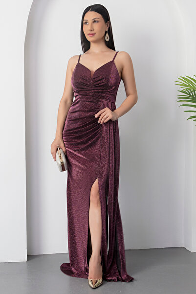 PULLIMM Strappy Pleated Slit Glittery Tulle Long Evening Dress 39711