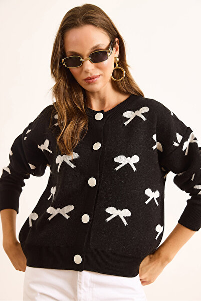 Olalook Women's Black Crew Neck Bow Detailed Buttoned Cardigan Hrk-19000363