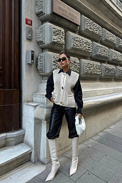 STİLVİA Women's Stone Acrylic Knitwear Sleeveless Cardigan