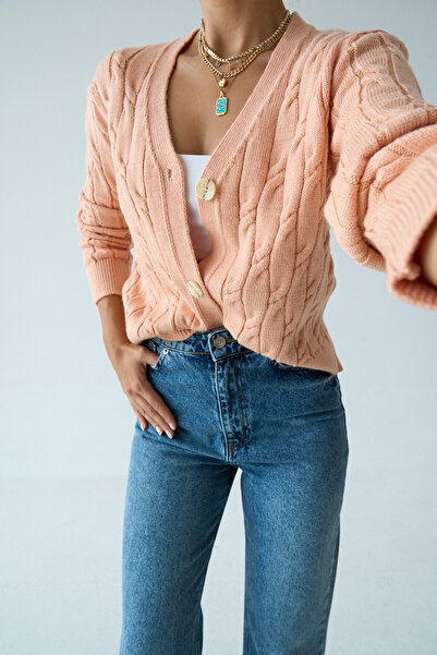 LOOSH Kadın Yavruağzı V Yaka Kalın Örgü Desenli Triko Hırka