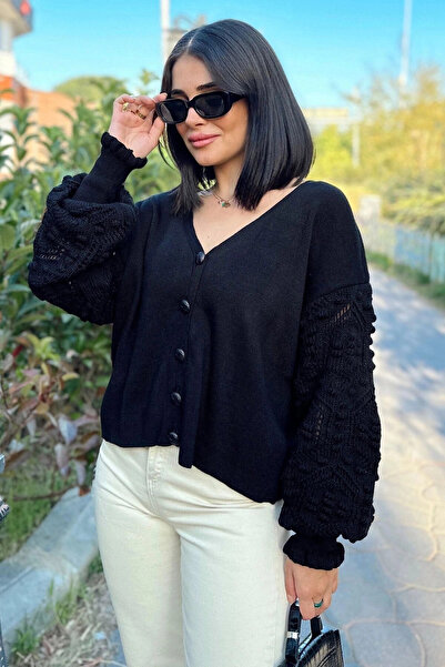 Genel Markalar Kadın Siyah Yumuşak Dokulu, V Yaka Uzun Kol, Ponpon Detaylı, T...