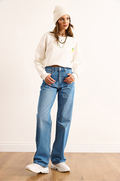 Olalook Kadın Orta Mavi Yüksek Bel Boru Paça Jean JEA-19000123