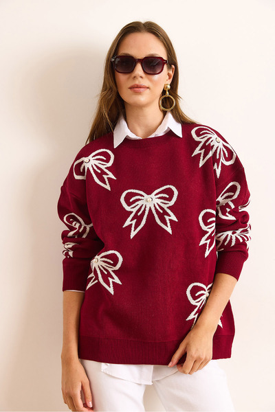 Olalook Kadın Bordo Fiyonk Detaylı Oversize Triko Kazak KZK-19000971