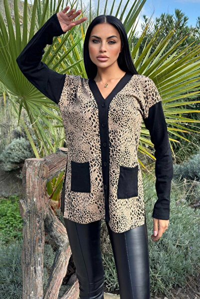 STİLVİA Beige Leopard Print, Black Pocket and Sleeve Detailed Slit Knitted Ca...