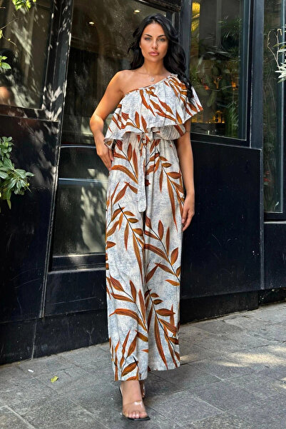 STİLVİA Orange Single Shoulder Ruffle Detailed Jumpsuit