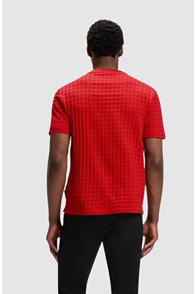 BOSS Men's Regular Fit Round Neck Square Pattern Soft Cotton Short Sleeve Red T-Shirt 50545585-