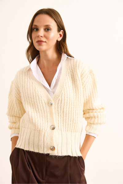 Olalook Women's Ecru 3 Button Thessaloniki Knitted Soft Textured Cardigan Hrk-19000371