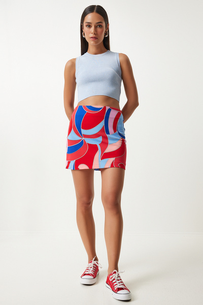 Lovelyİstanbul Patterned Mini Knitted Skirt Lfn0104 Red Blue