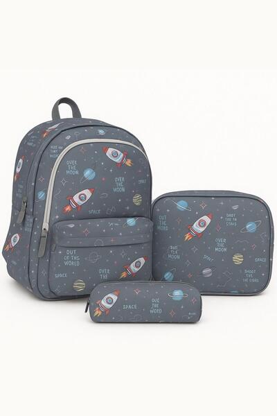 Bambus Üçlü Okul Çanta 3 Lü Kalemlik Beslenme Okul Çantası Seti Astronot