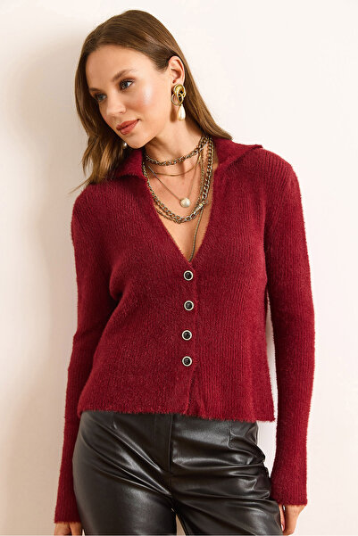 Olalook Women's Burgundy Collar Button Detailed V Beard Cardigan Hrk-19000369