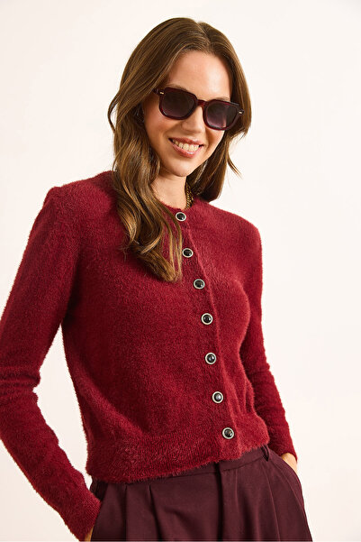 Olalook Women's Burgundy Crew Neck Button Detailed Basic Beard Cardigan Hrk-19000368