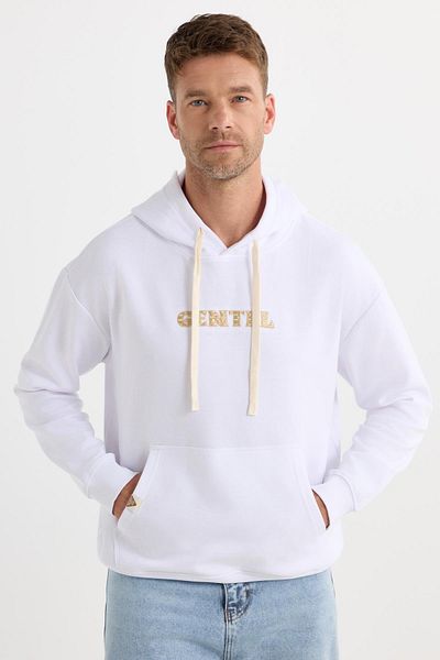 Tudors Men's Oversize Wide Cut Cotton Printed White Hooded Sweatshirt