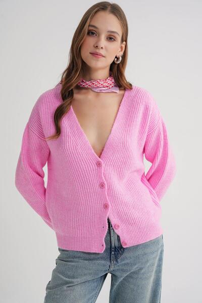 Mixray 6943 Women's V-Neck Thessaloniki Cardigan Pink