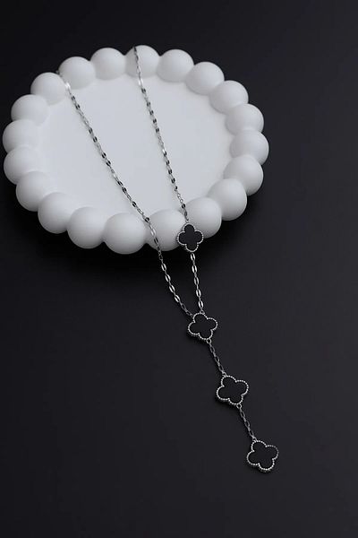 The Collection Y Necklace Tarnish Free Silver Black Enamel Women's Steel Necklace