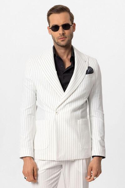 Antioch White Single Button Double Breasted Closure Striped Men's Blazer Jacket