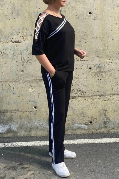 Mia Butik Large Size Black One Shoulder Low-Cut Sweatshirt Suit