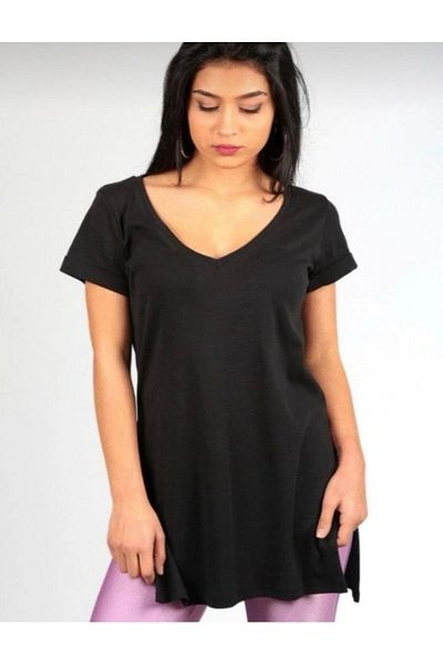 MetuCA Women's Short Sleeve V Neck Side Slit Detail Combed Cotton Blouse