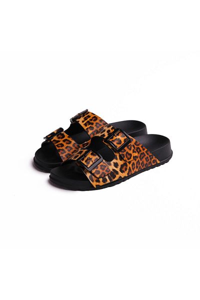 Onda Women’s Comfort Slippers with Tiger Buckle – Black/Black