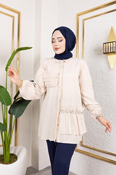 Moda Ebva İnci Ve Taş Detaylı Düğmeli Tunik-5505 Vizon