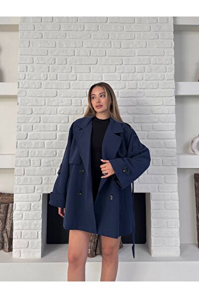 VESS MODA Kadın Kemer Detaylı Kısa Trençkot Lacivert